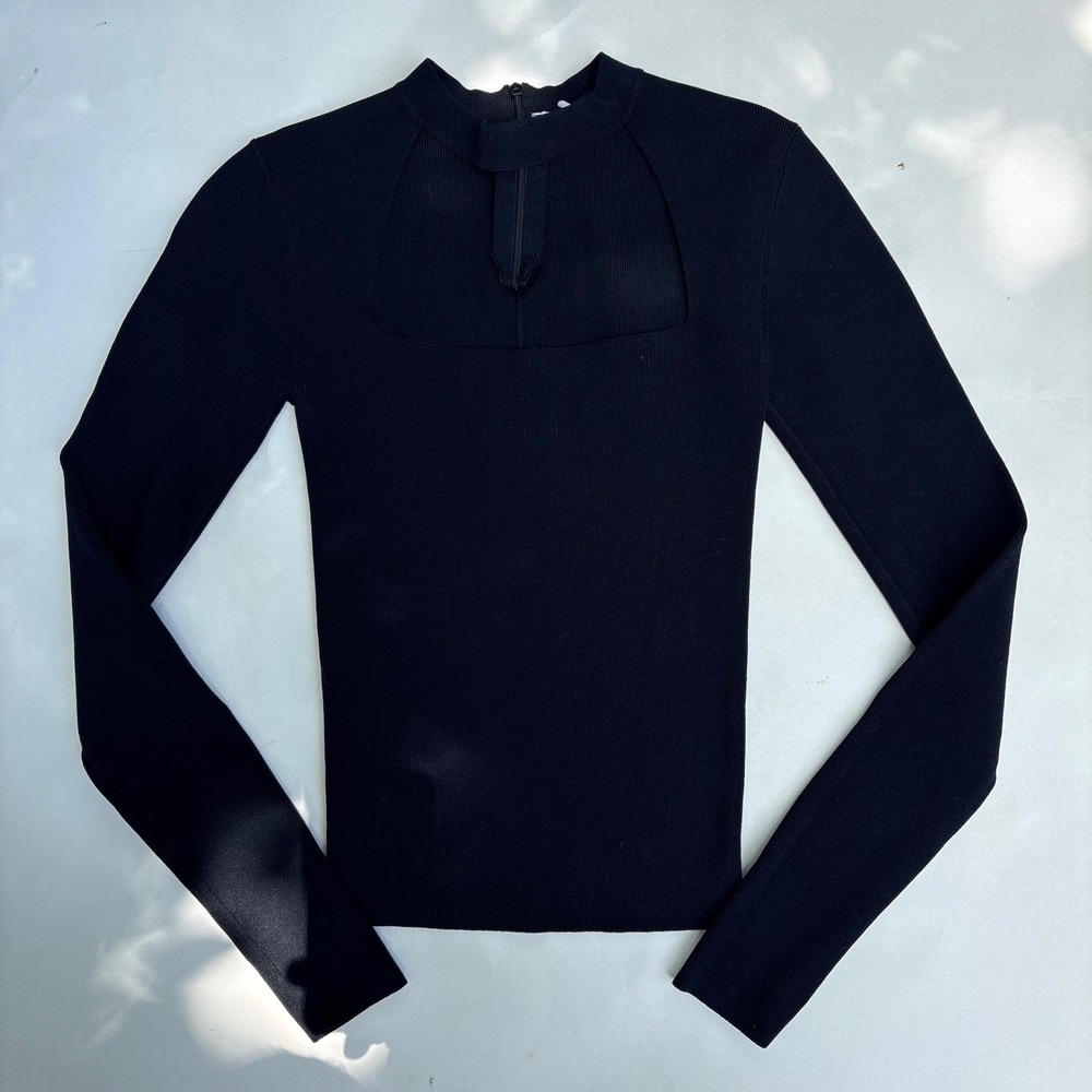Zara Womens Small Black Ribbed Knit Long Sleeve Cutout Mock Neck Top Zipper Back